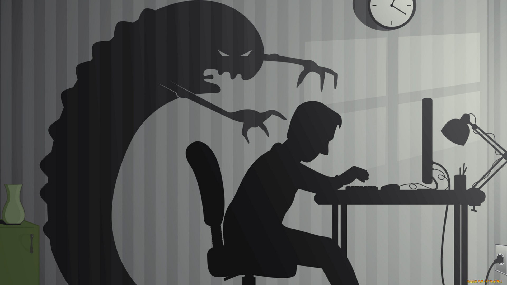 векторная, графика, мультфильмы, , cartoons, стена, человек, монстр, часы, силуэт, компьютер