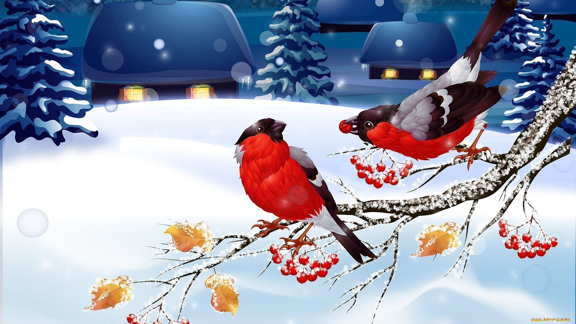 векторная, графика, птицы, , птицы, снег, снегири, пейзаж, зима