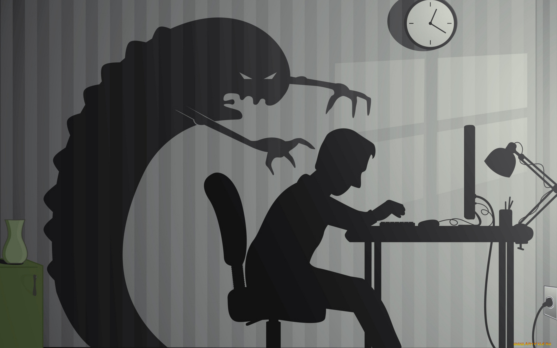 векторная, графика, мультфильмы, , cartoons, стена, человек, монстр, часы, силуэт, компьютер
