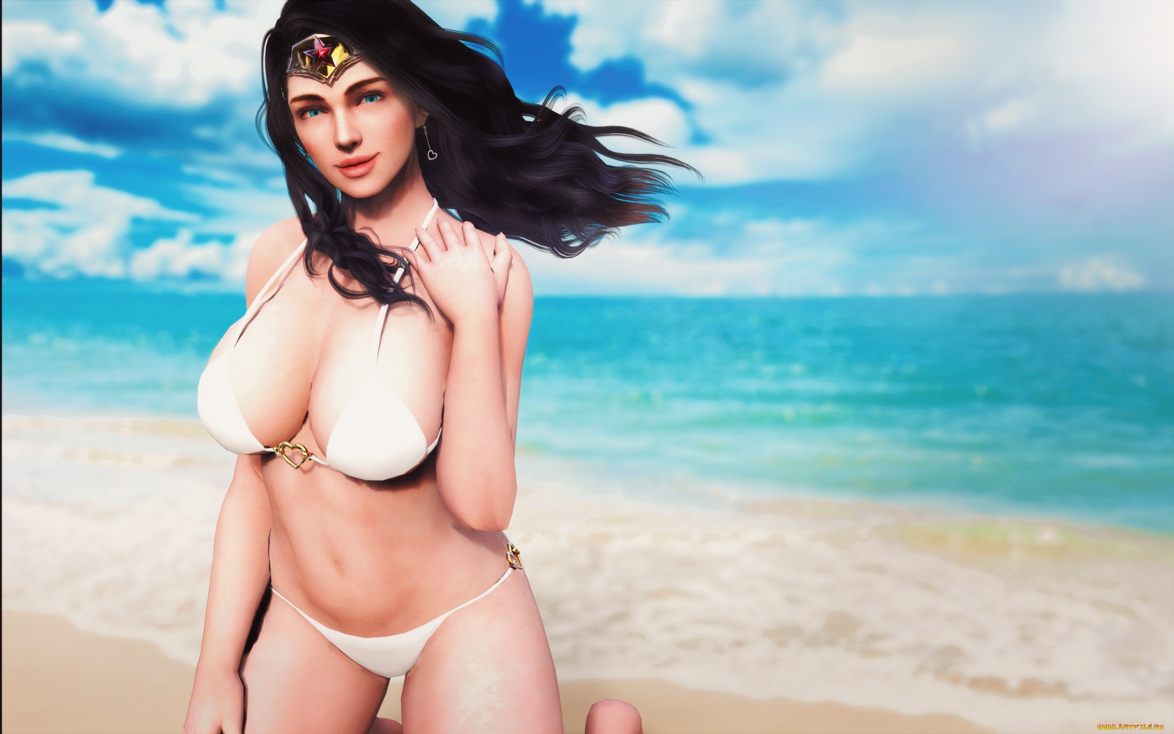 3д, графика, фантазия, , fantasy, море, купальник, взгляд, фон, девушка