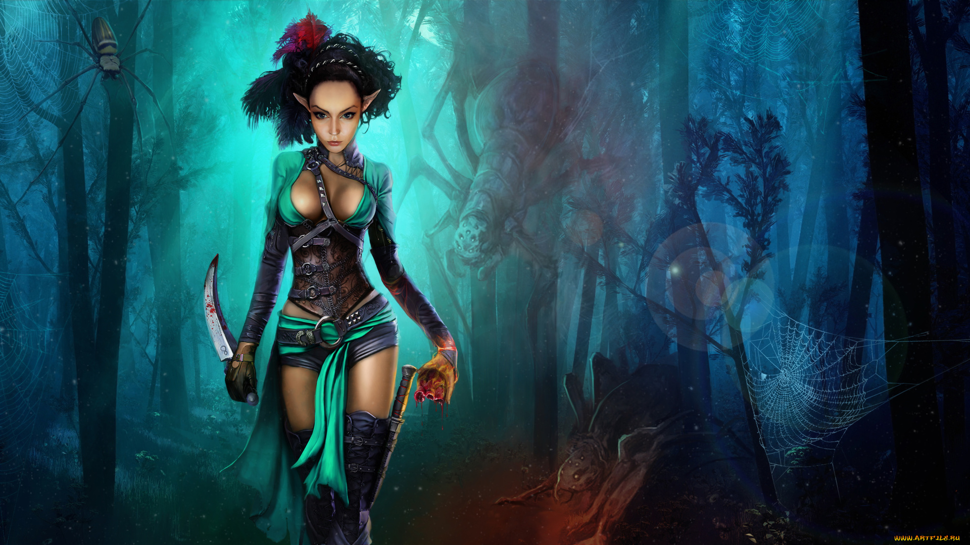 фэнтези, эльфы, девушка, фон, взгляд, кинжал