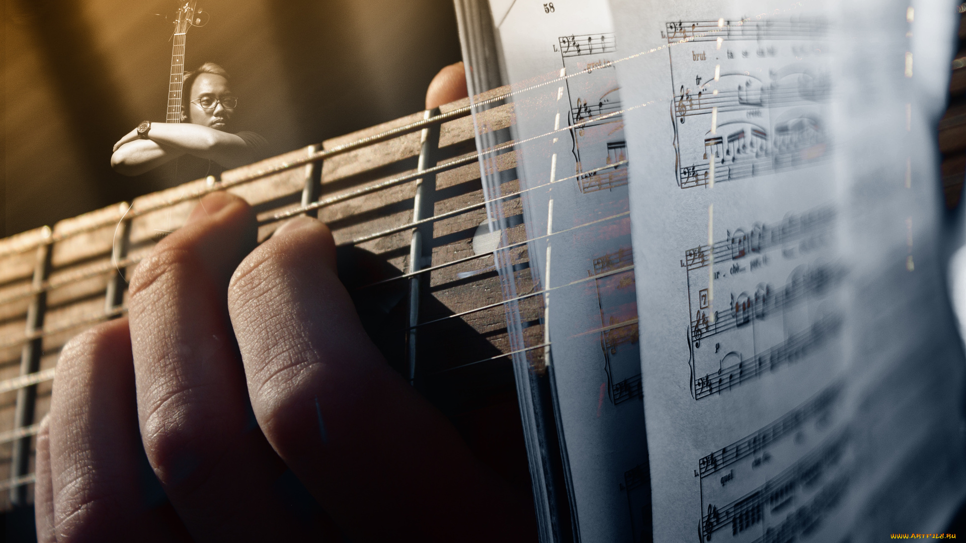 музыка, -другое, человек, струны, рука, ноты