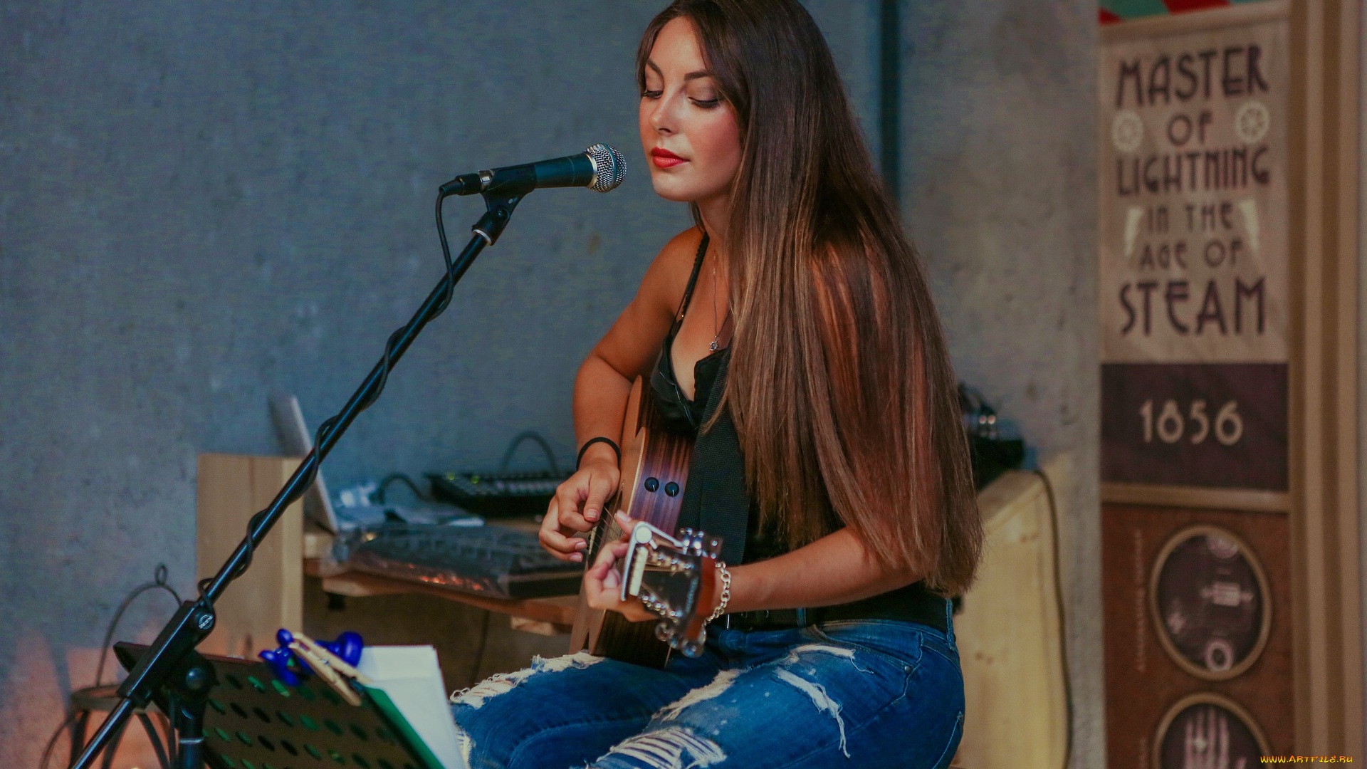 музыка, -другое, девушка, гитара, микрофон