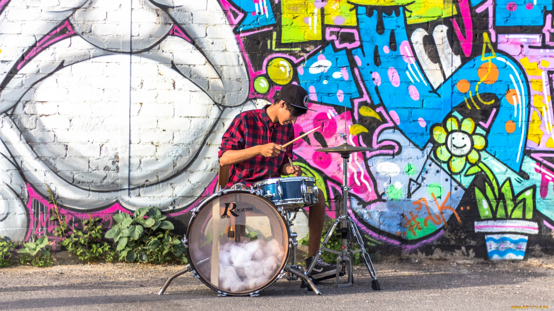 музыка, -другое, граффити, парень, барабан