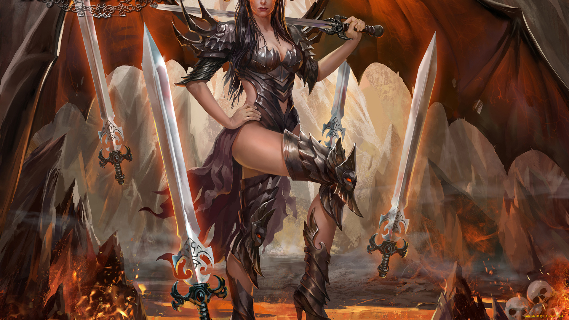 видео, игры, ~~~другое~~~, девушка, фон, взгляд, крылья, рога, меч