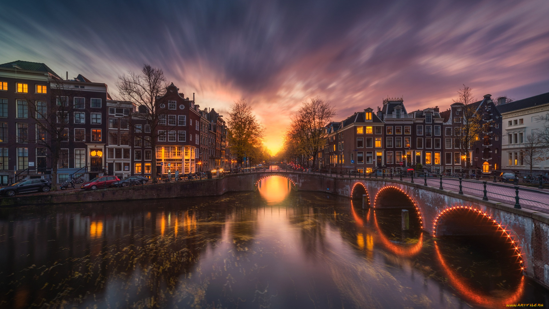 города, амстердам, , нидерланды, канал, вечер, огни