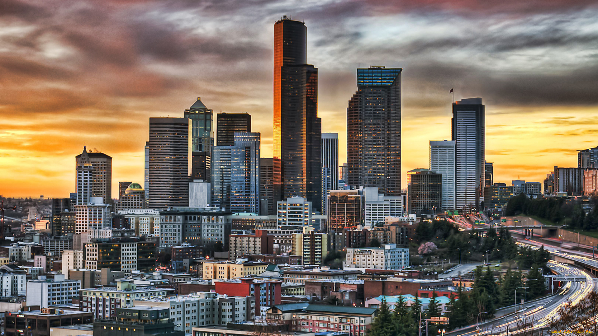города, сиэтл, , сша, сиэтл, башня, смита, вечер, закат, небоскребы, современные, здания, городской, вид, горизонт