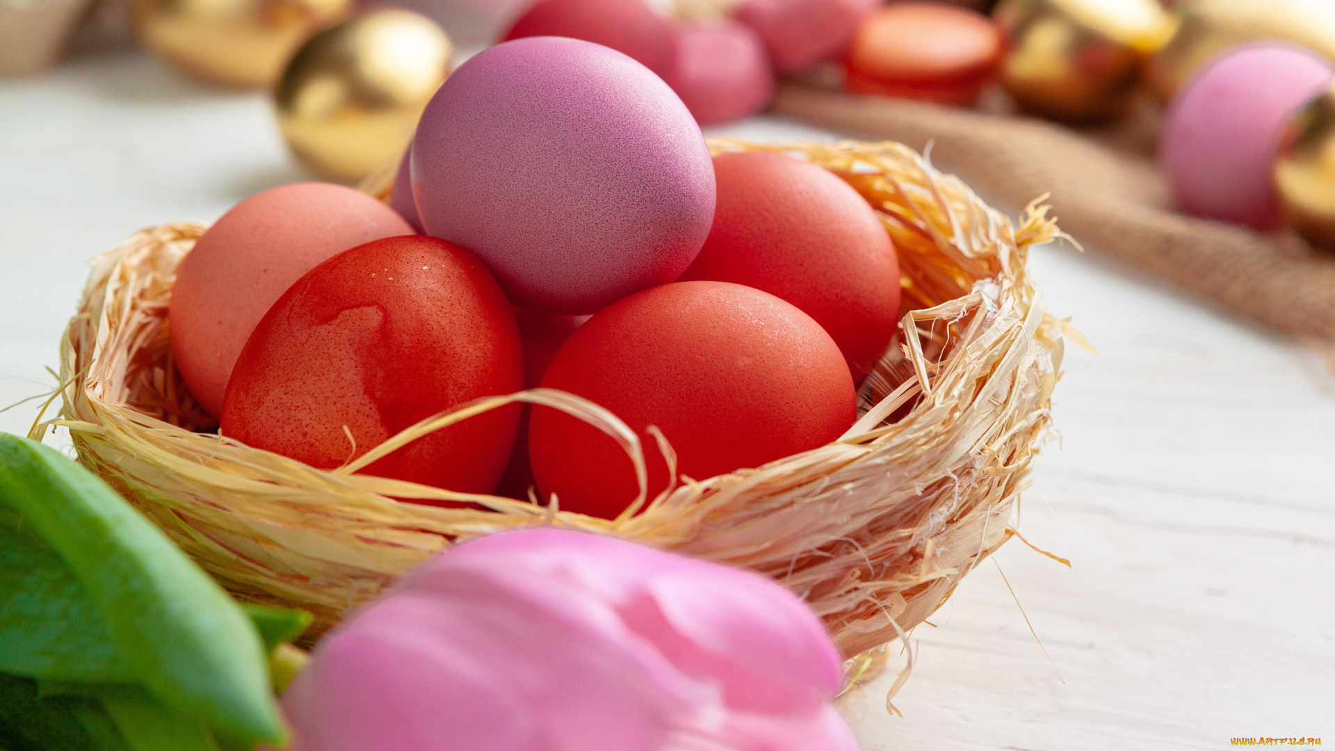 праздничные, пасха, праздник, яйца, корзинка, тюльпаны