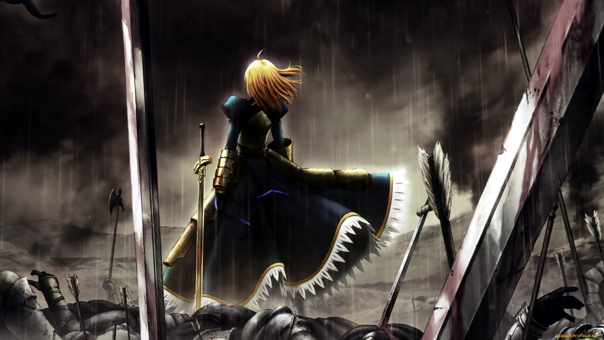 аниме, fate, zero, девушка, дождь, оружие