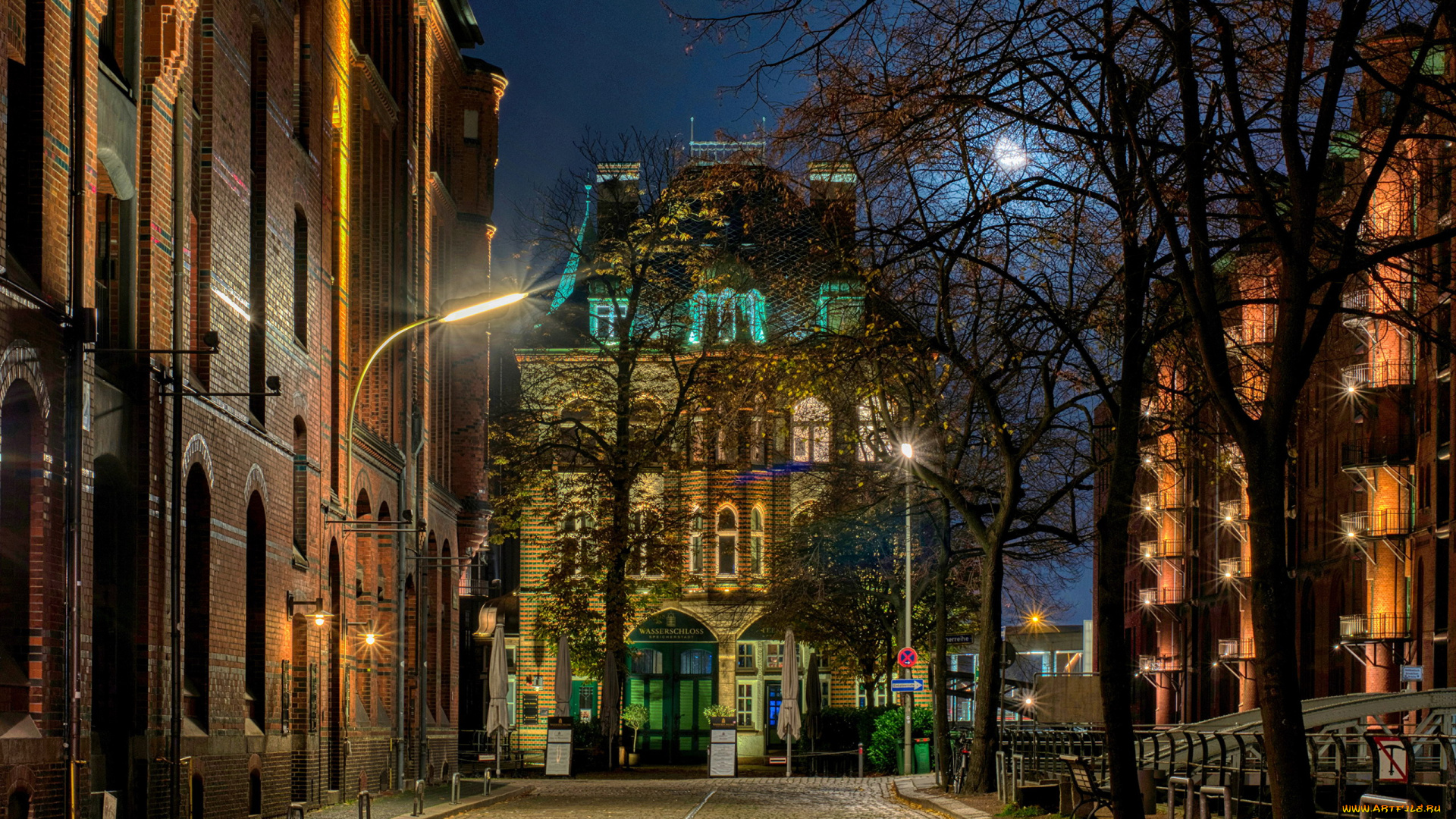 города, гамбург, , германия, улица, вечер, огни