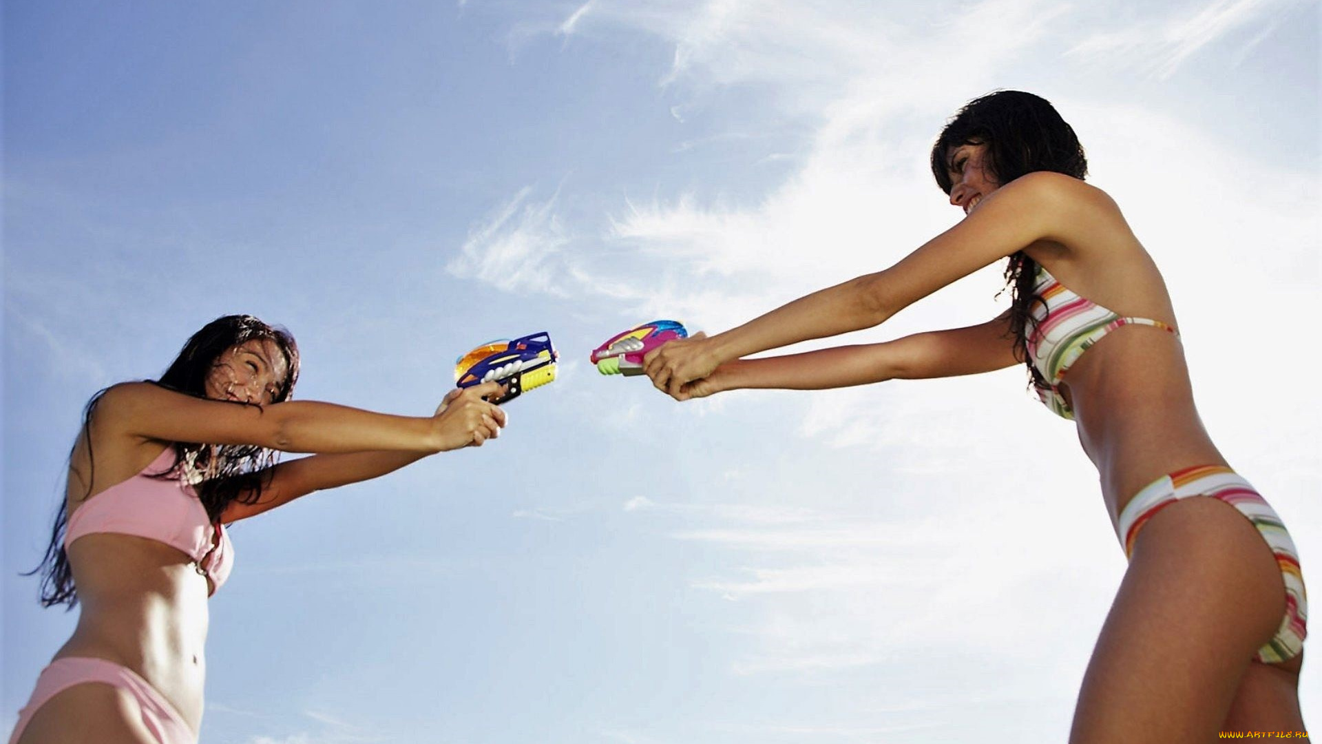 девушки, -, брюнетки, , шатенки, брюнетки, купальники, пистолеты, игра, небо