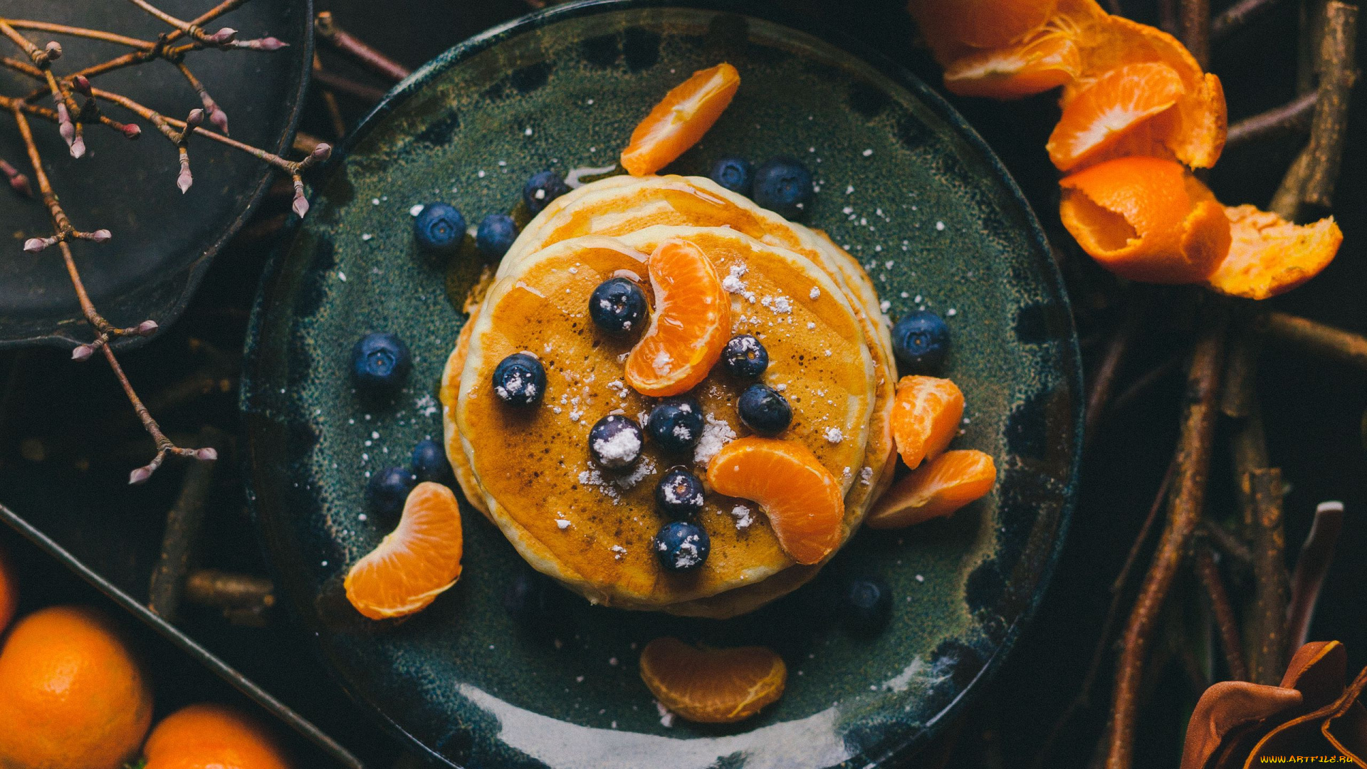 еда, блины, , оладьи, мандарин, блинчики, ягоды