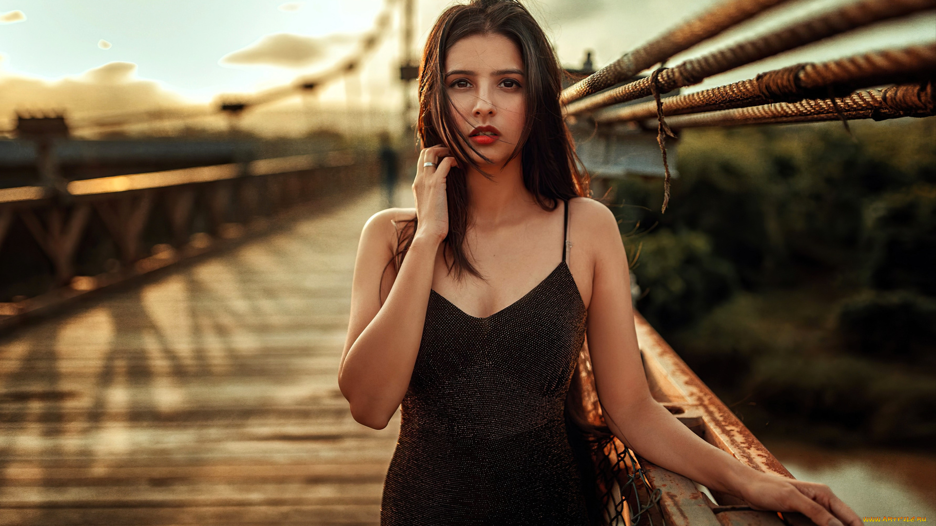 девушки, -, брюнетки, , шатенки, шатенка, платье, мост