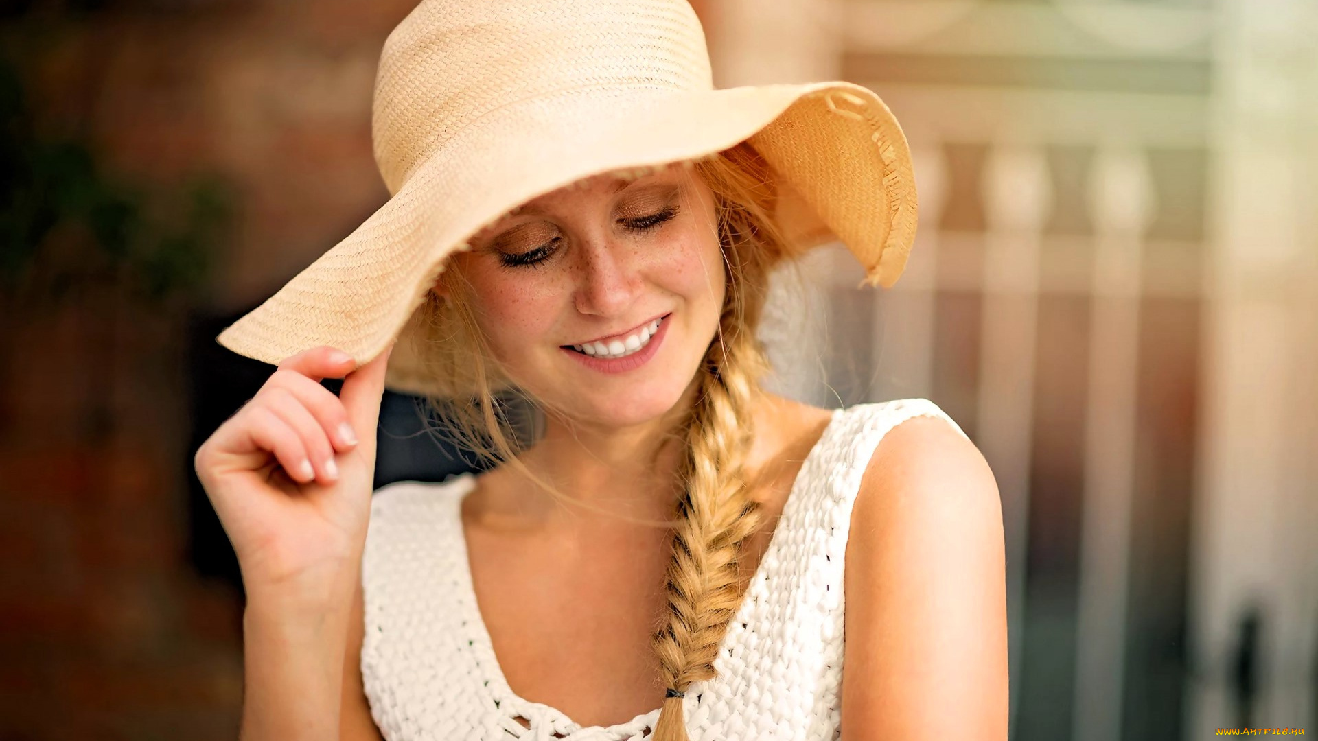 девушки, -, лица, , портреты, блондинка, шляпа, коса, лицо