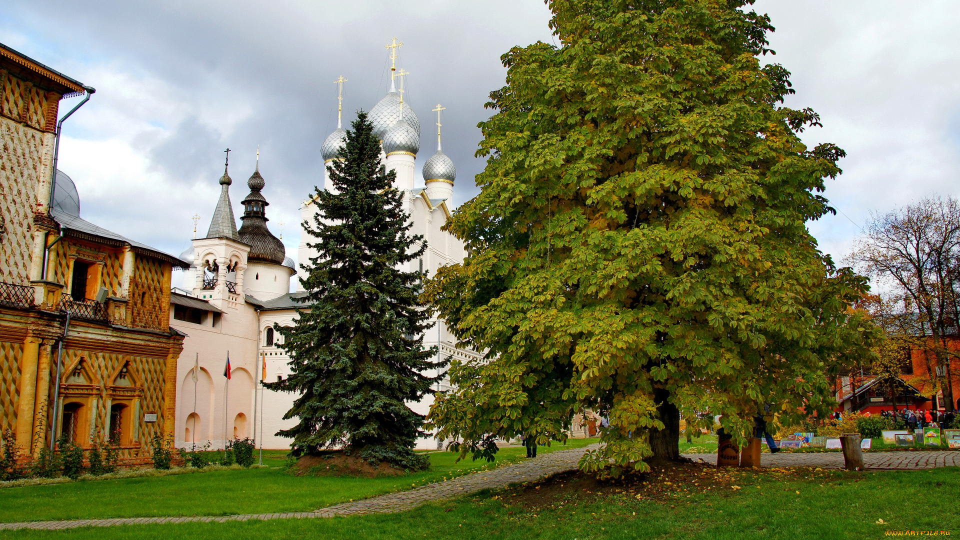 города, -, православные, церкви, , монастыри, россия, храм, газон, ели, лето