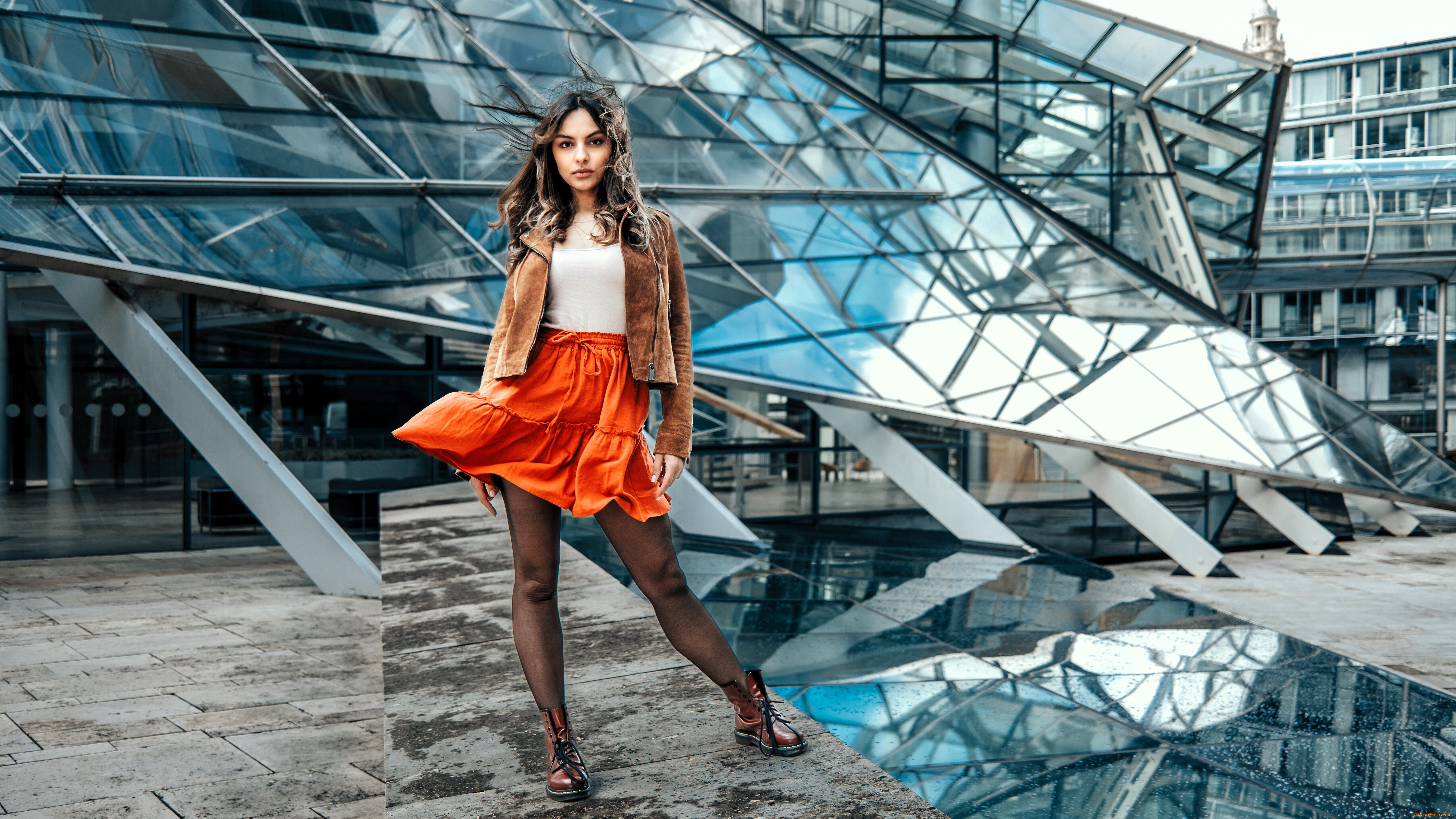 девушки, -, брюнетки, , шатенки, шатенка, куртка, юбка, ботинки, здание