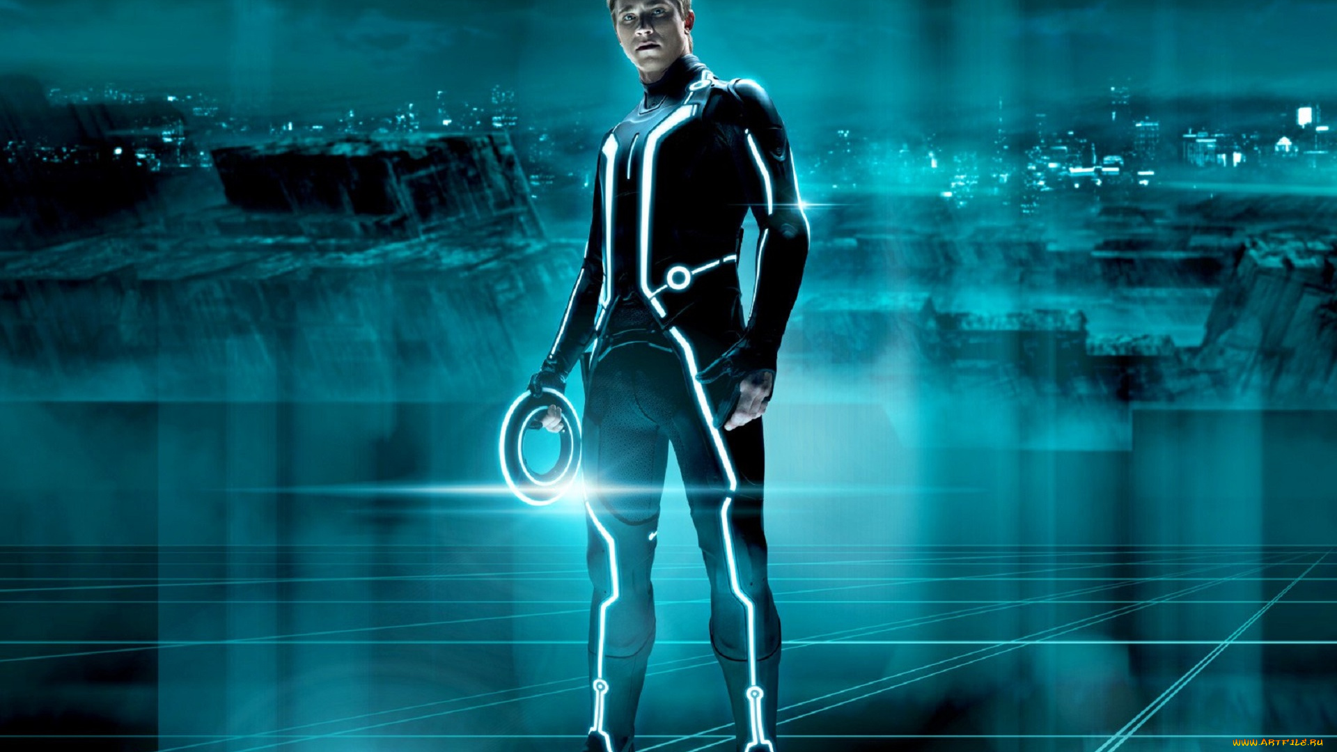 кино, фильмы, tron, legacy, парень, костюм, неон, кольцо, город