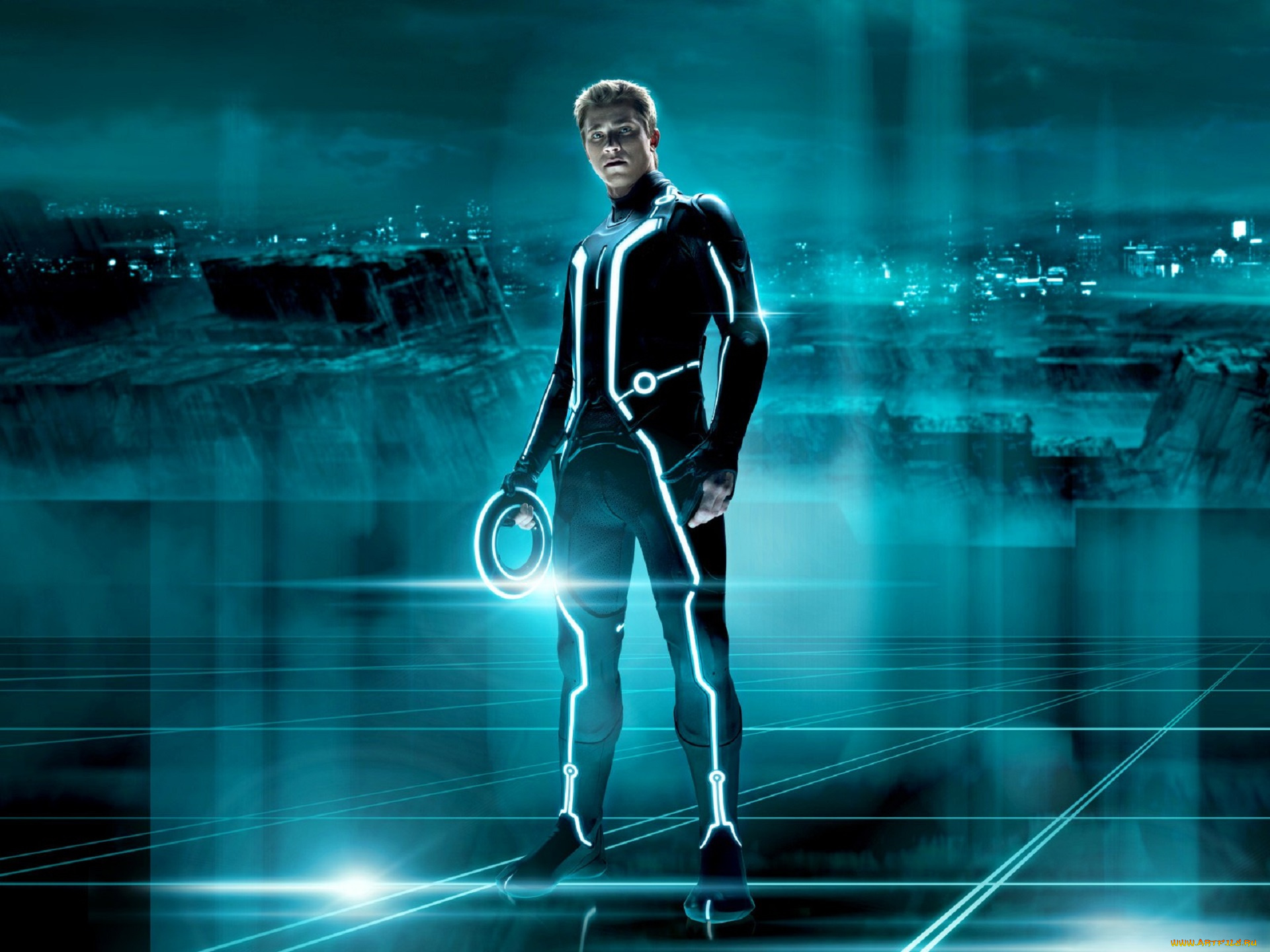 кино, фильмы, tron, legacy, парень, костюм, неон, кольцо, город