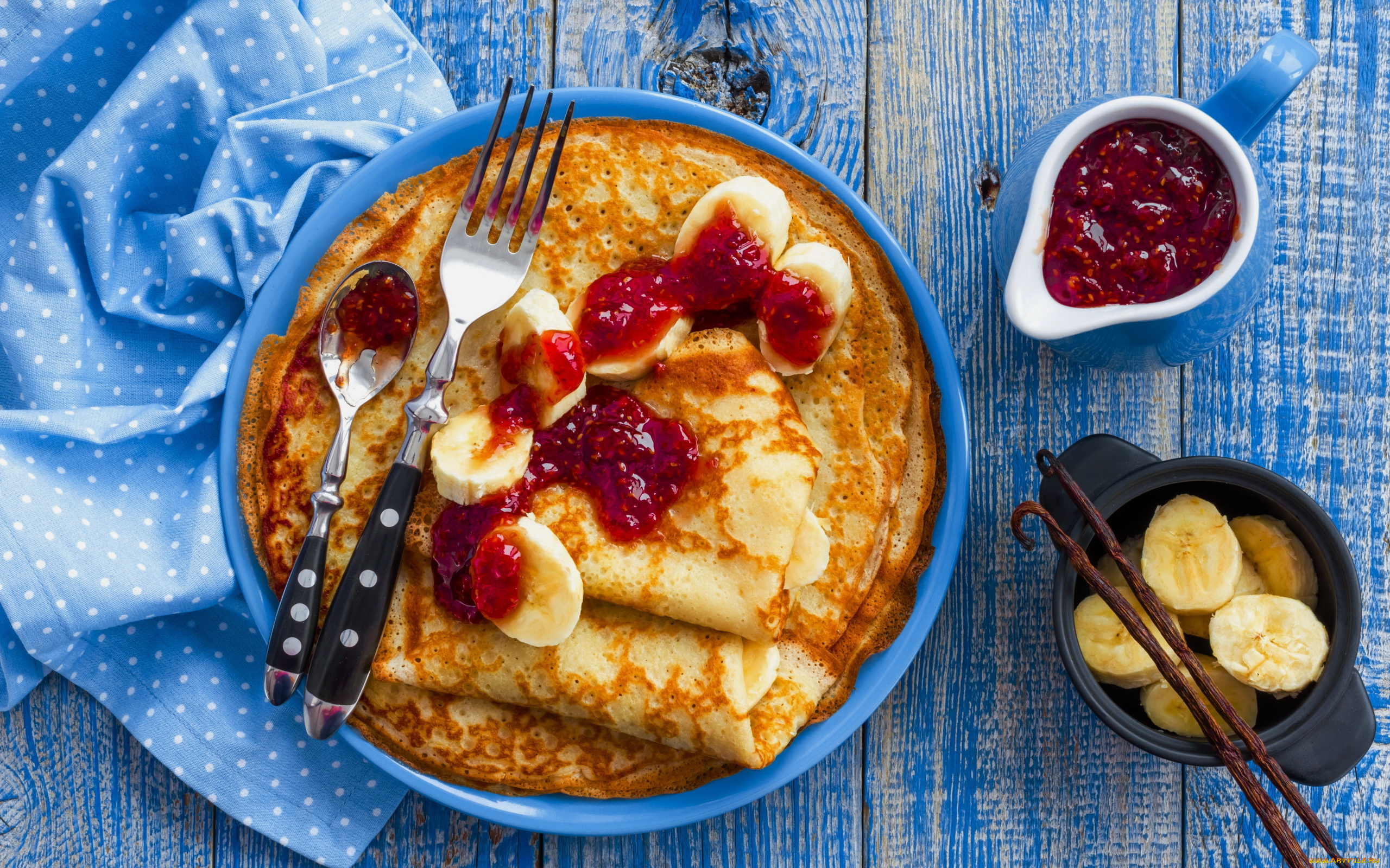 еда, блины, , оладьи, малиновое, варенье, бананы