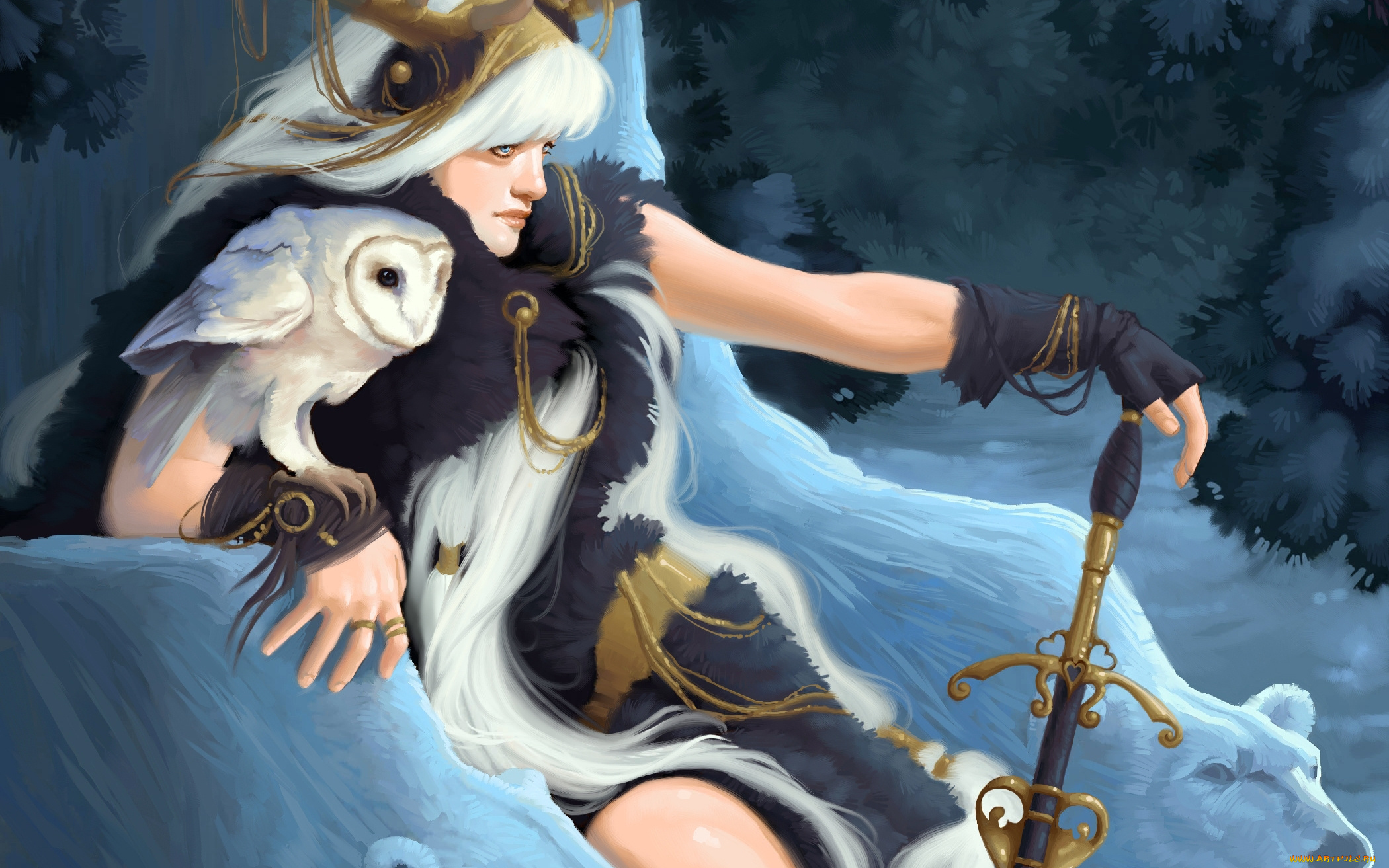 фэнтези, девушки, меч, девушка, сова, лес, медведи, снег, зима