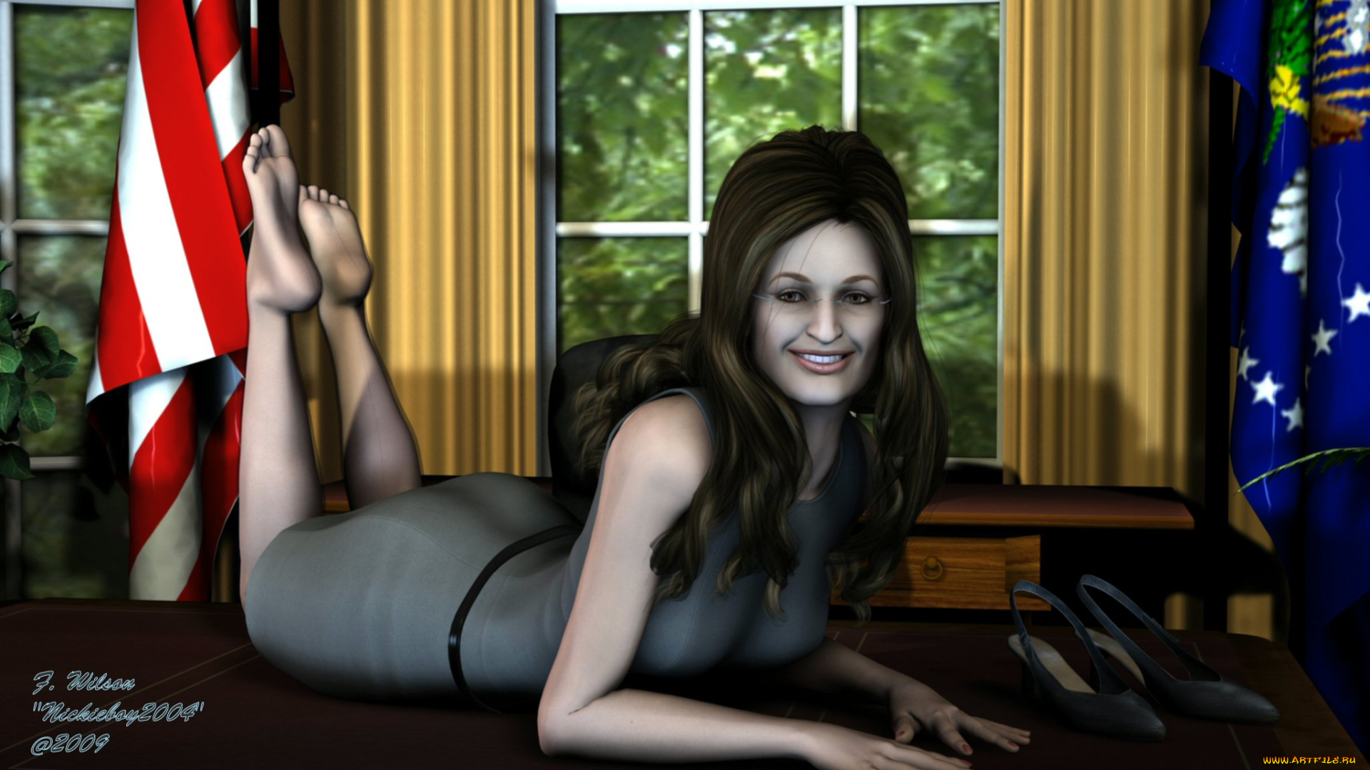 3д, графика, people, люди, девушка, стол, флаги