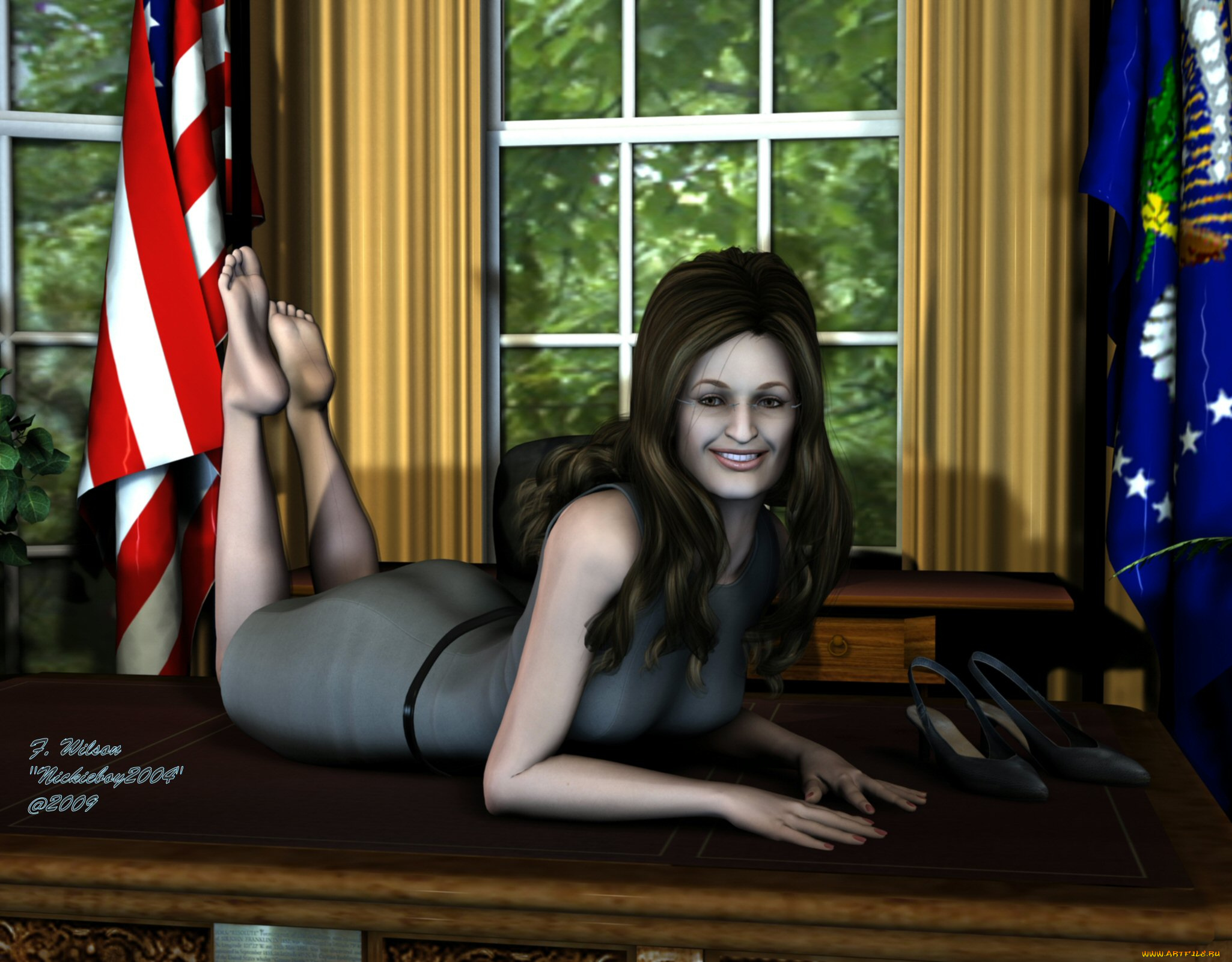 3д, графика, people, люди, девушка, стол, флаги