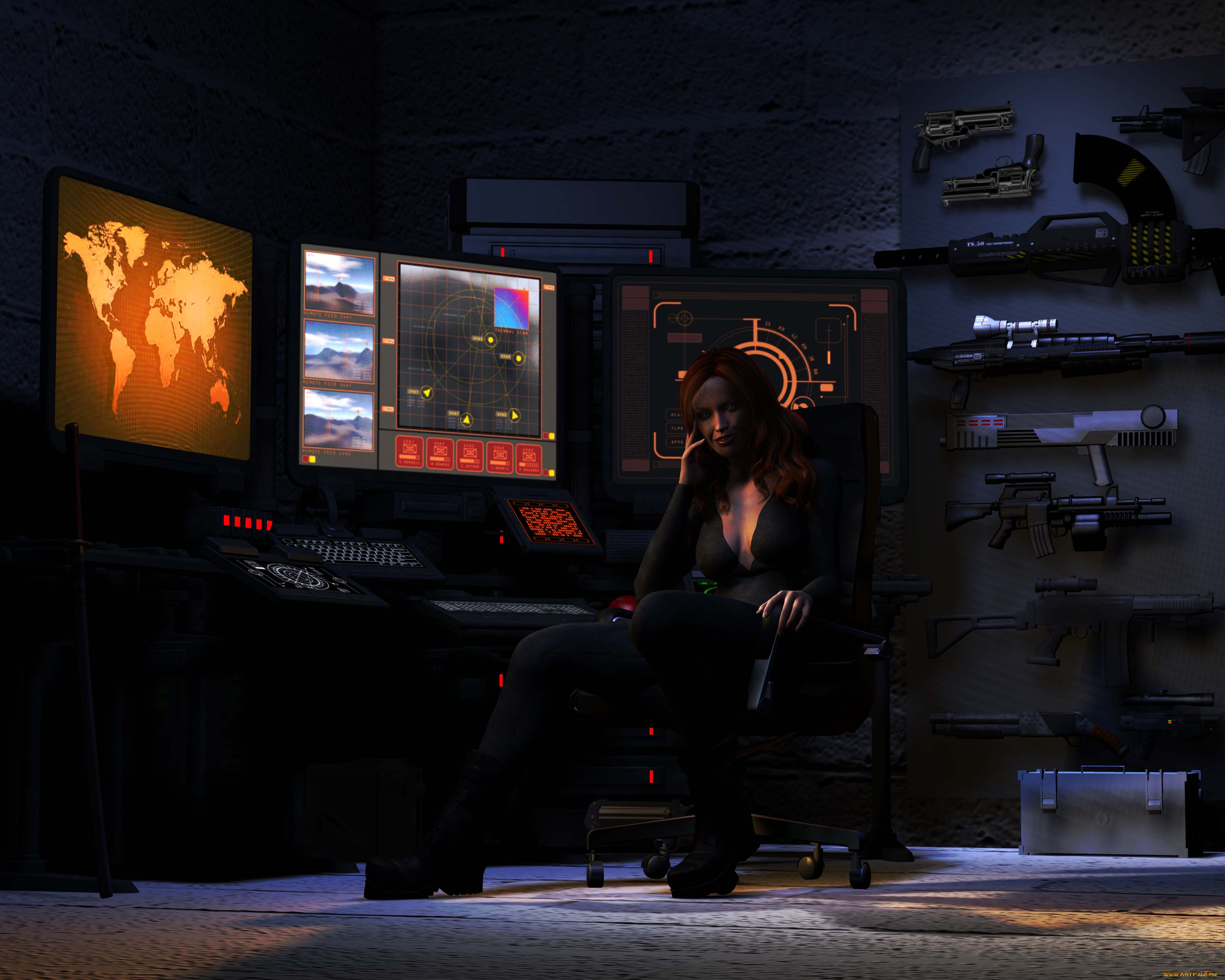 3д, графика, people, люди, девушка, комната, оружие