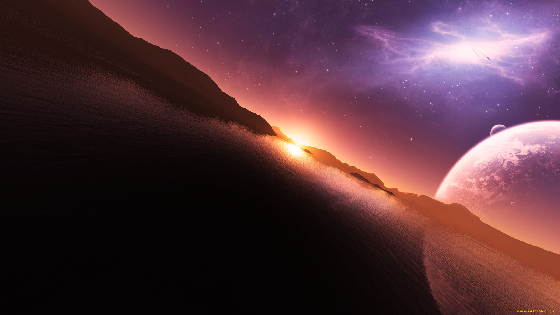 3д, графика, atmosphere, , mood, , атмосфера, настроения, jkelly26, планета, закат, небо, солнце, звезды, вода, арт