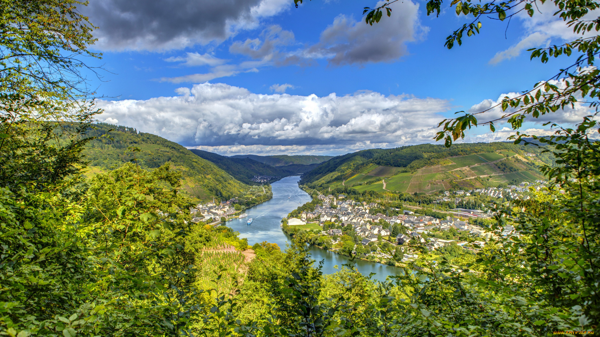 германия, , пюндерих, города, -, пейзажи, река, панорама, пейзаж, германия, деревья, пюндерих, дома