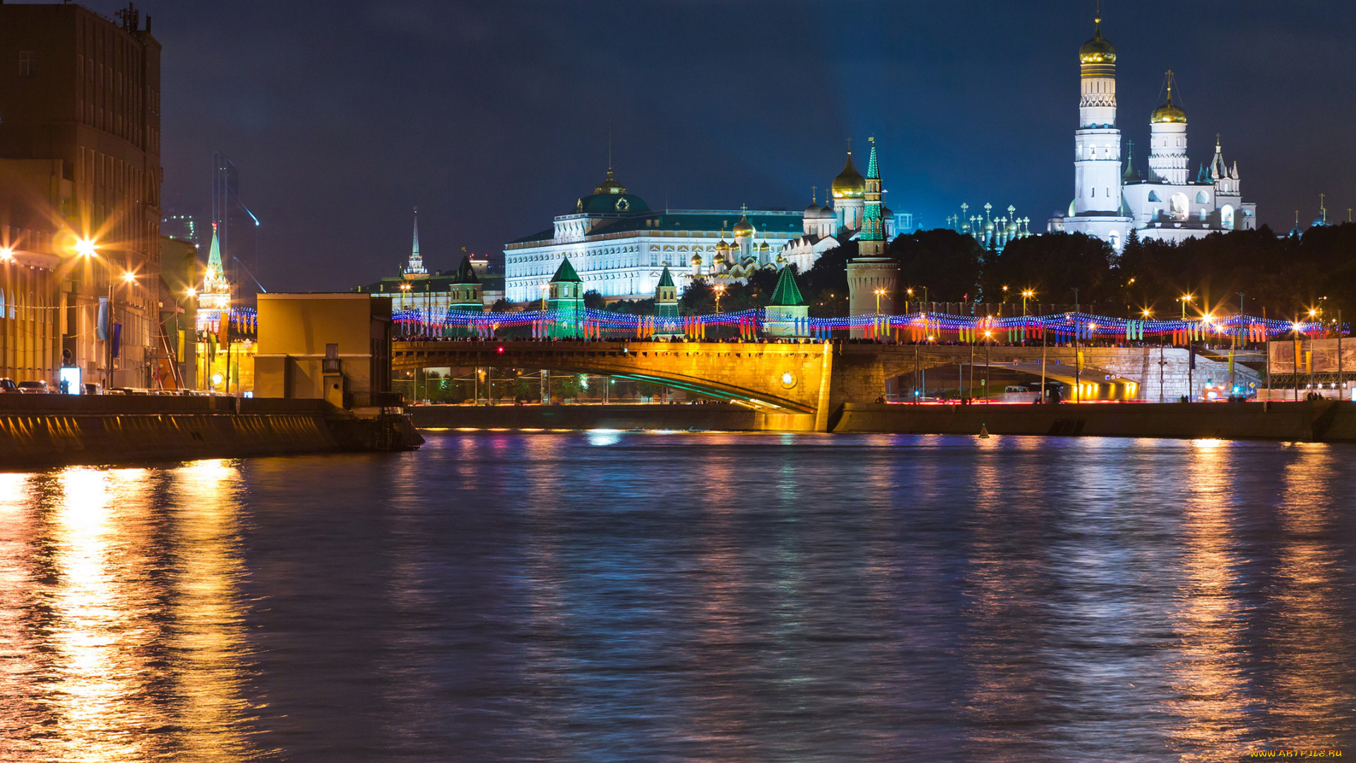 города, москва, , россия, ночь, москва, кремль, река, дома