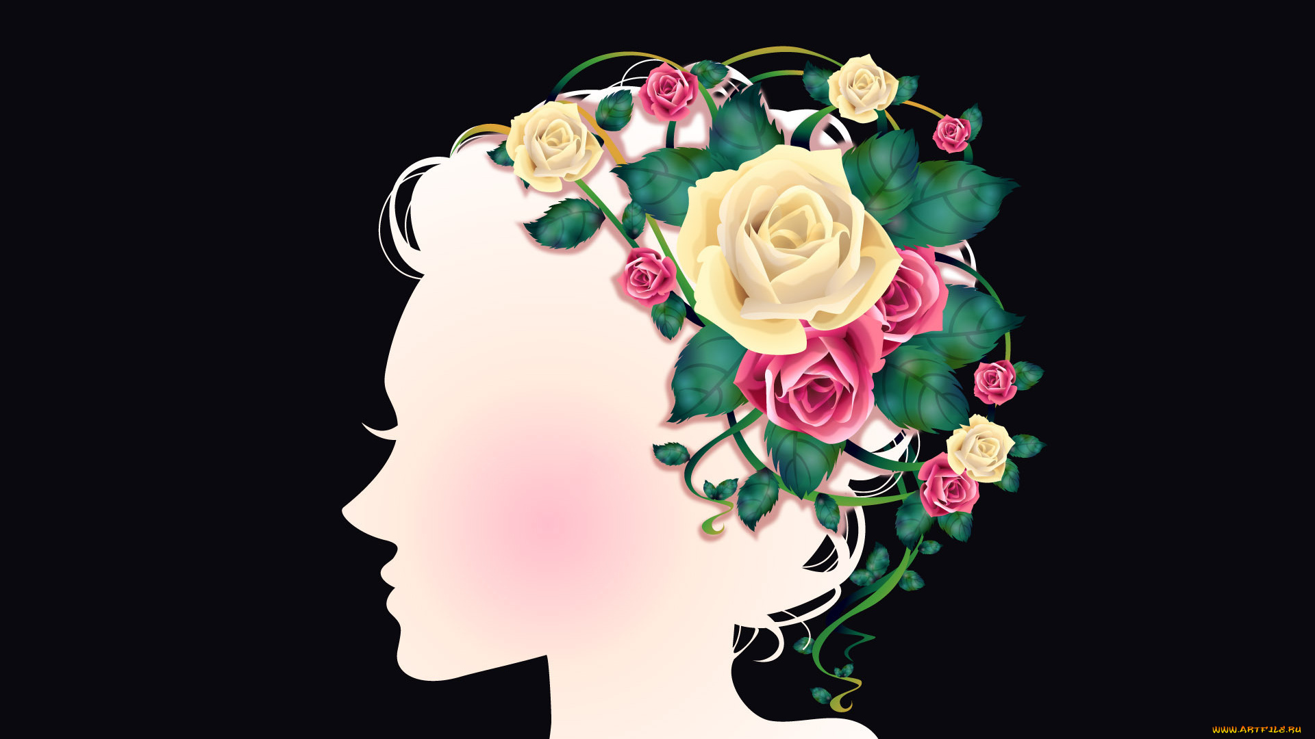 рисованные, люди, профиль, силуэт, девушка, плетения, розы, венок, цветы