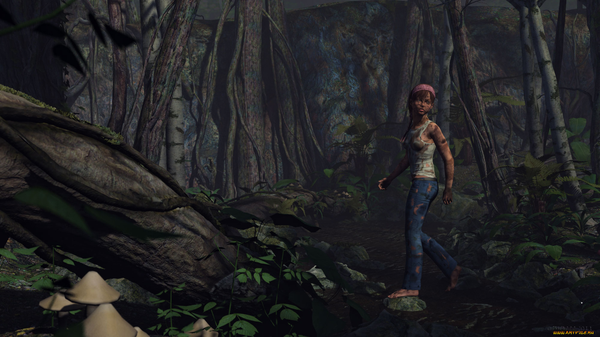 3д, графика, фантазия, , fantasy, взгляд, испуг, фон, лес, девушка