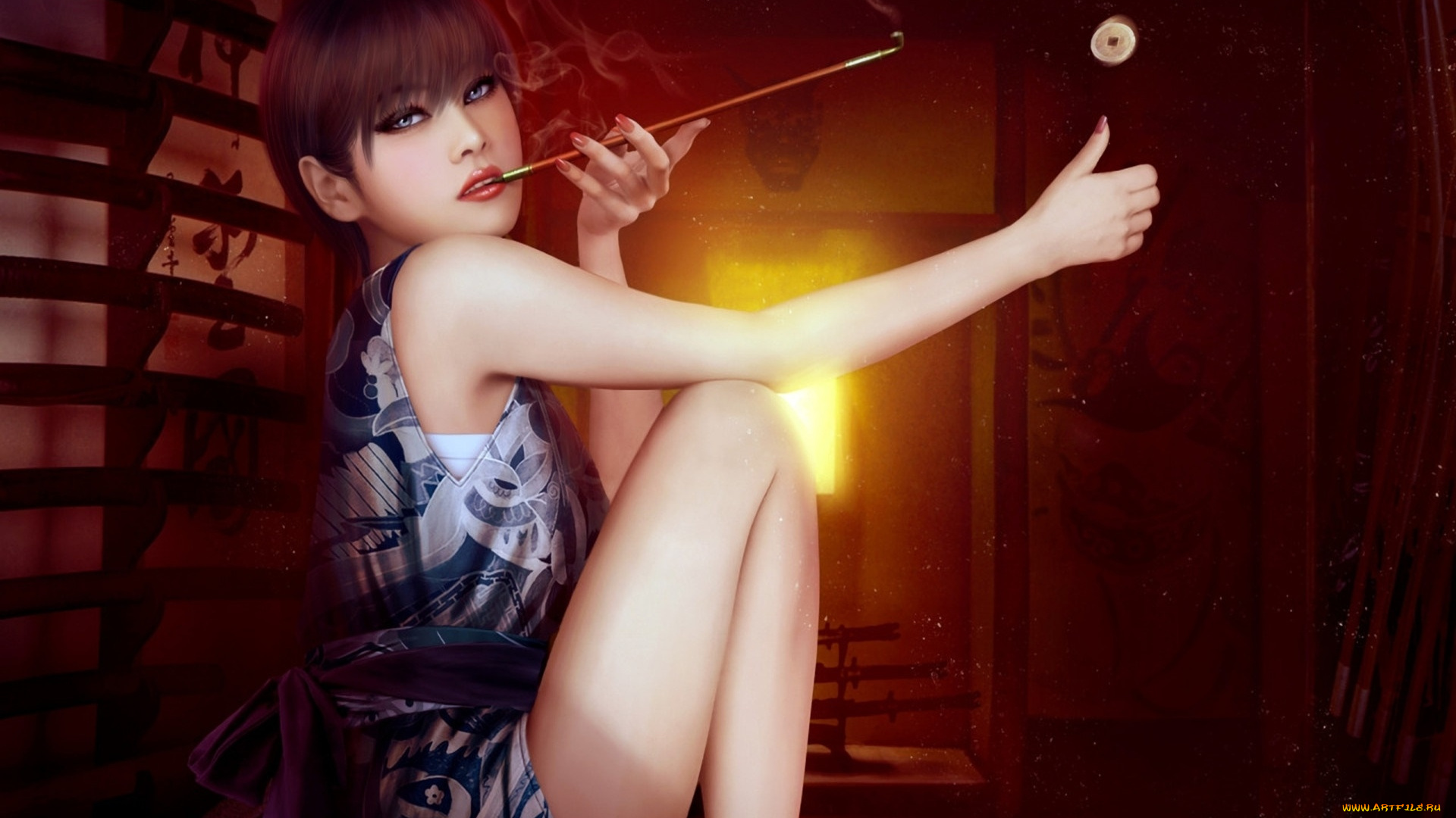 3д, графика, люди, , people, сигарета, фон, взгляд, девушка