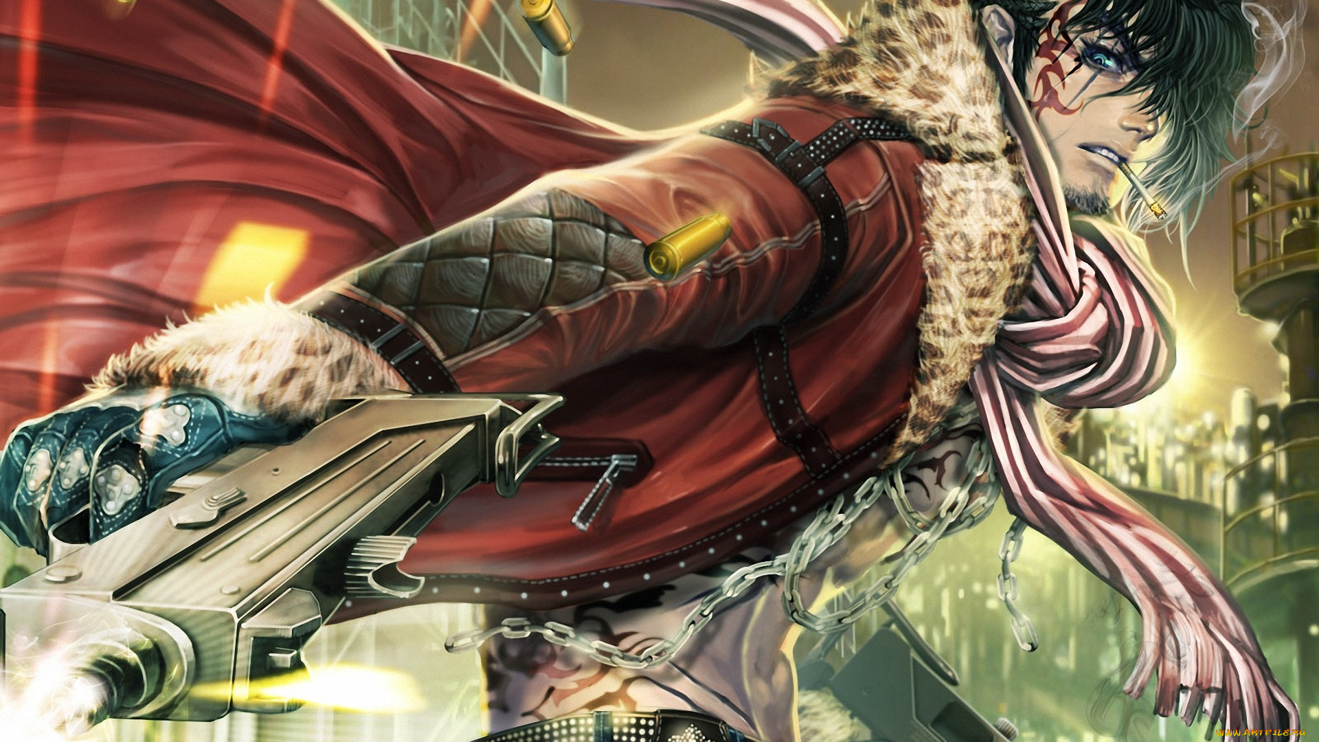 фэнтези, люди, арт, парень, оружие, сигарета, тату, гильзы, цепи, плащ