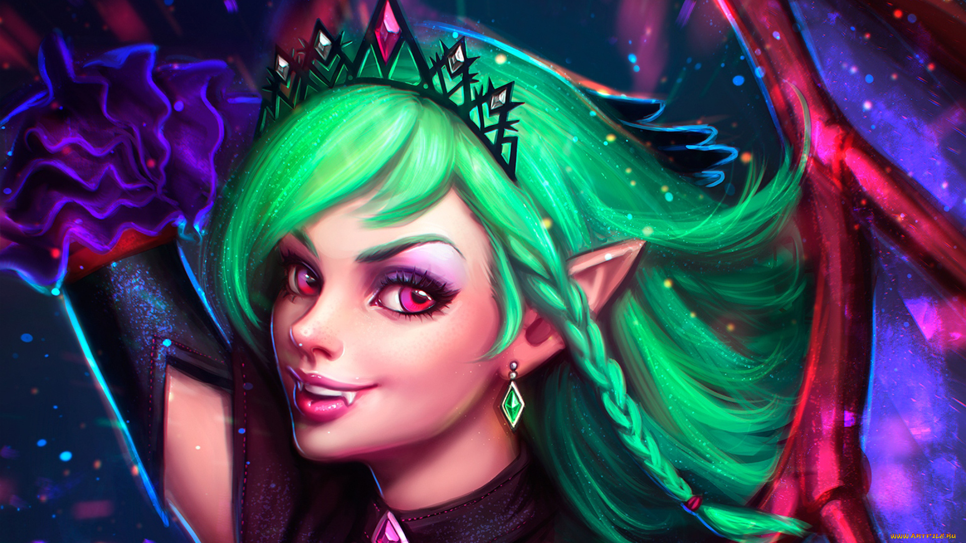 фэнтези, вампиры, вампир, девушка, серьги, волосы, клыки, взгляд, арт