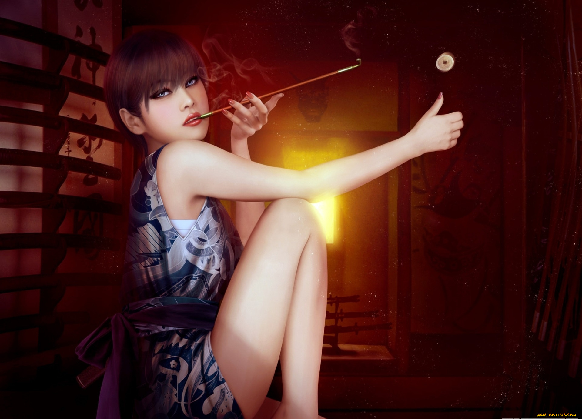 3д, графика, люди, , people, сигарета, фон, взгляд, девушка