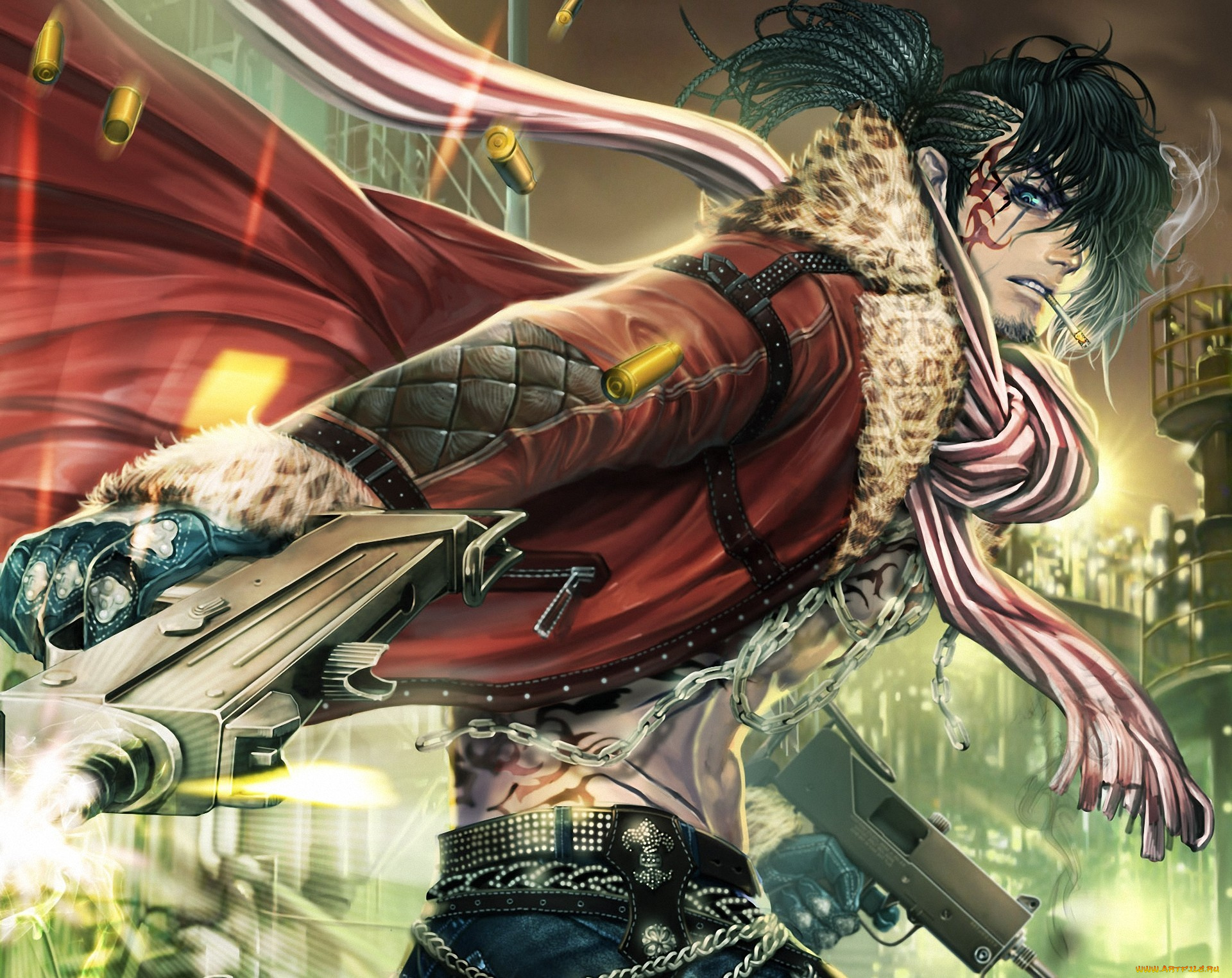 фэнтези, люди, арт, парень, оружие, сигарета, тату, гильзы, цепи, плащ