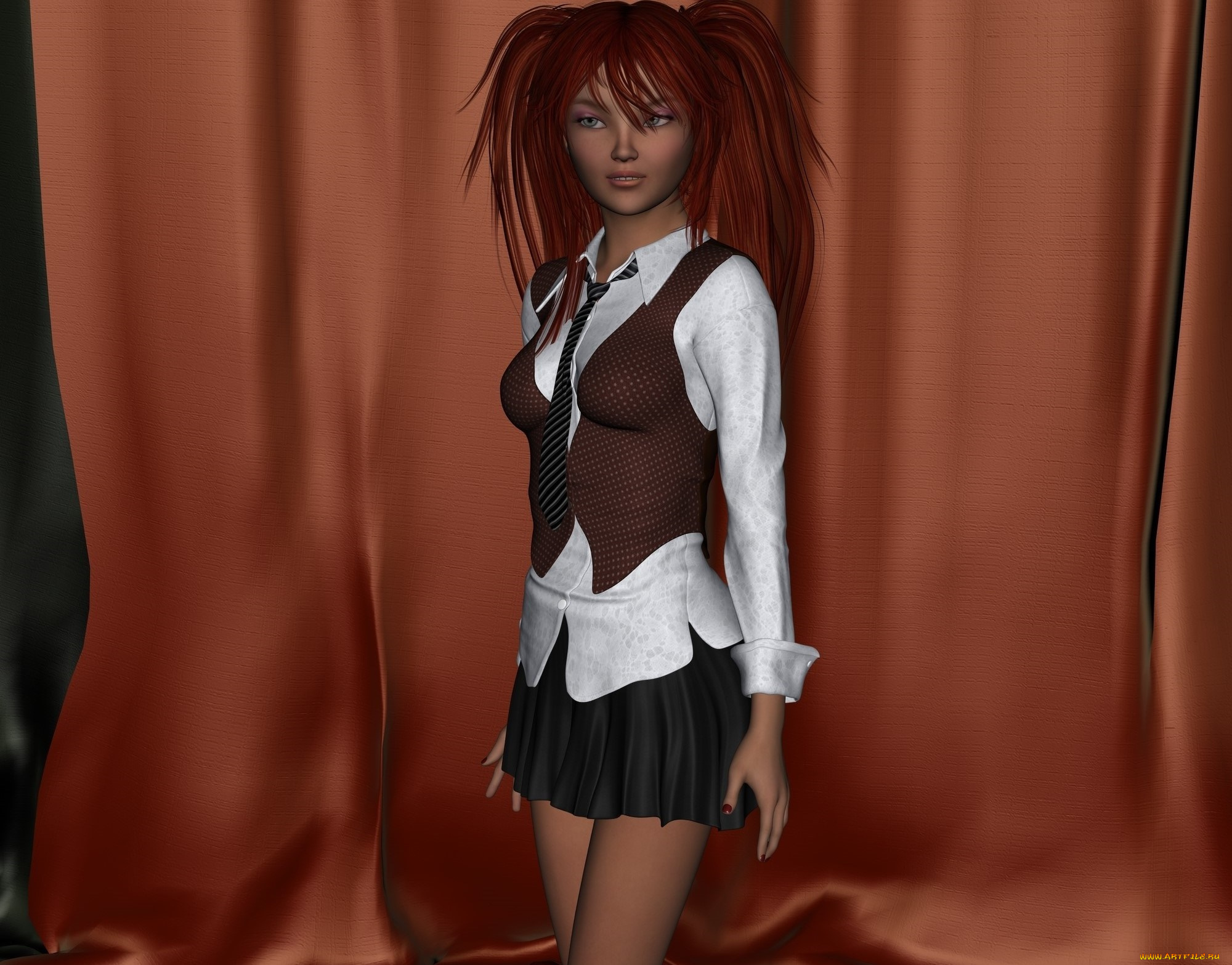 3д, графика, люди, , people, рыжая, фон, взгляд, девушка