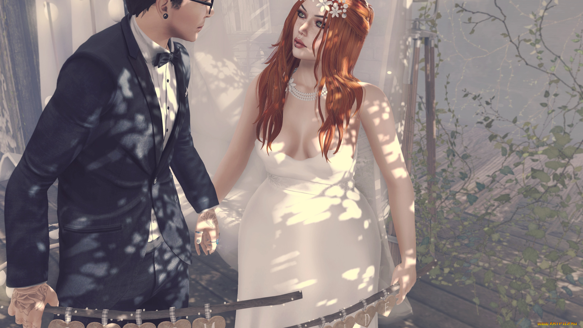 3д, графика, люди, , people, девушка, парень, фон, взгляд, рыжая