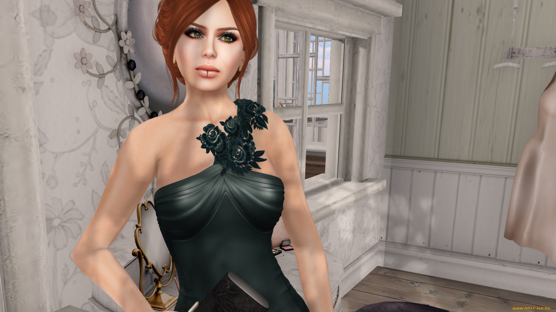 3д, графика, люди, , people, девушка, взгляд, фон, рыжая, интерьер