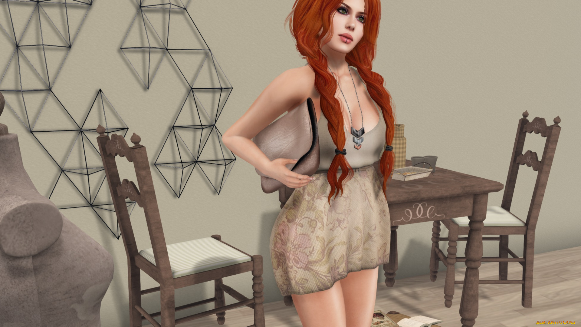 3д, графика, люди, , people, девушка, взгляд, фон, рыжая, интерьер