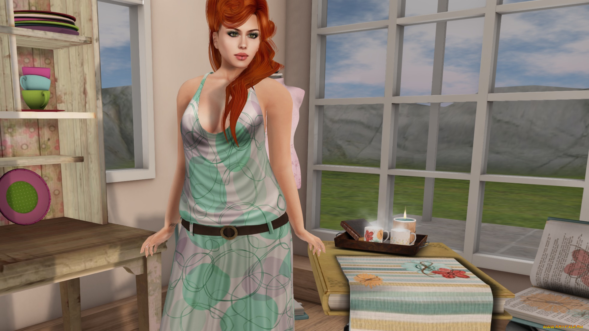 3д, графика, люди, , people, девушка, взгляд, фон, рыжая, интерьер