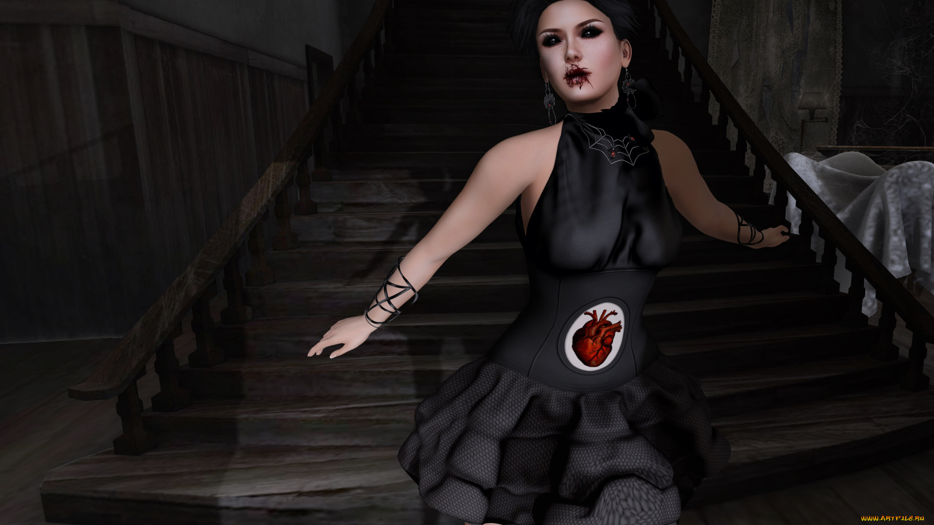 3д, графика, существа, , creatures, девушка, взгляд, фон, вампир