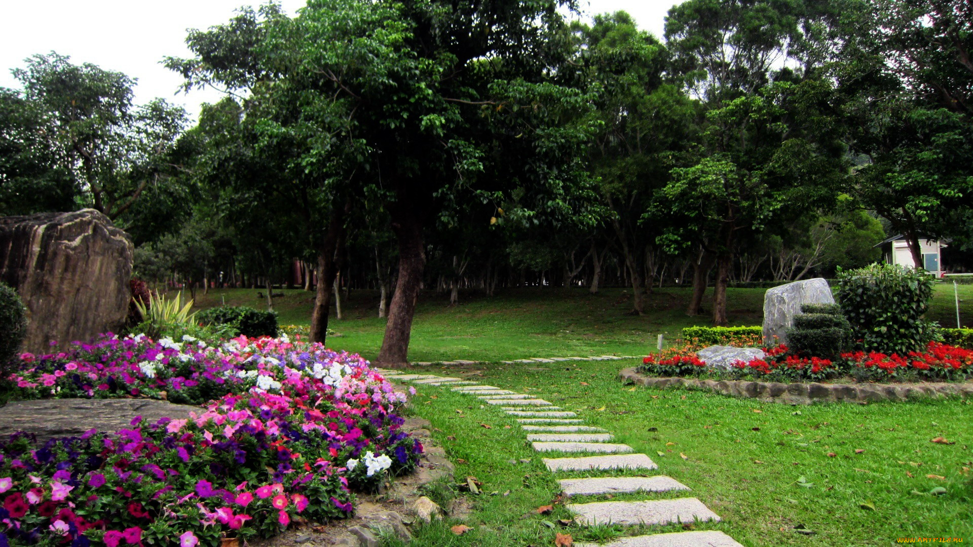 природа, парк, дорожка, камни, клумбы