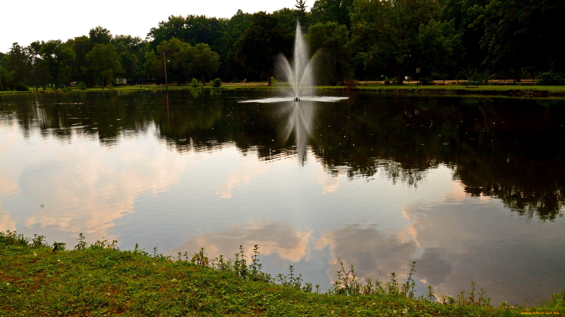 природа, парк, пруд, фонтан