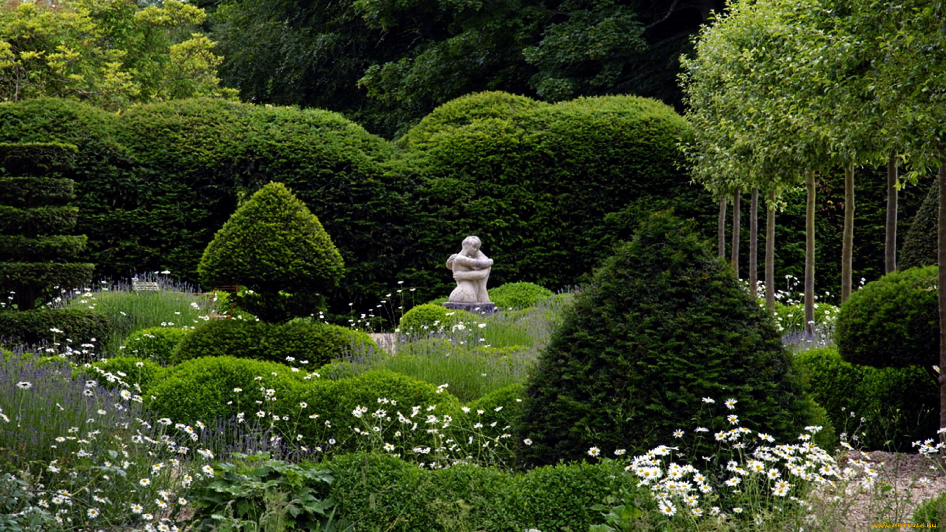 природа, парк, статуя, цветы, кусты