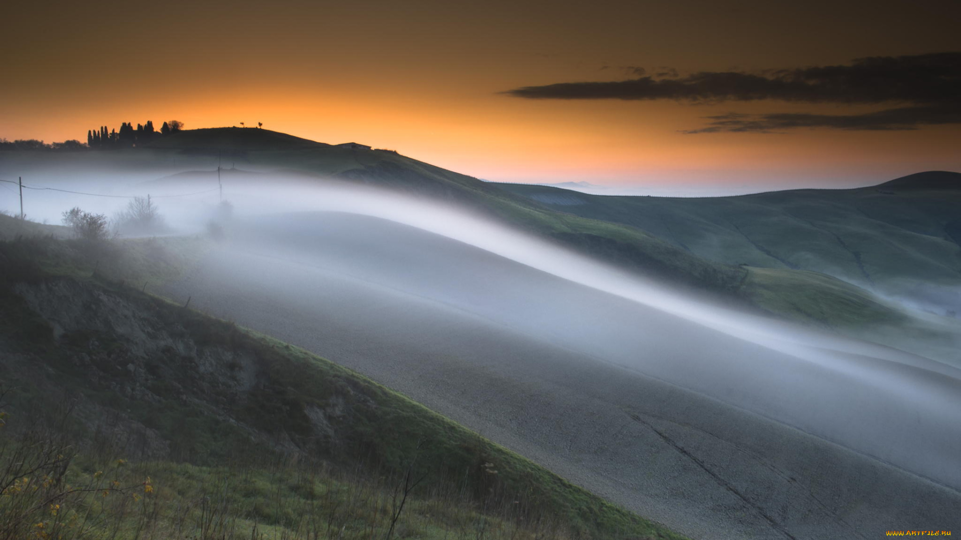 природа, пейзажи, дымка, пейзаж, холм, закат, туман