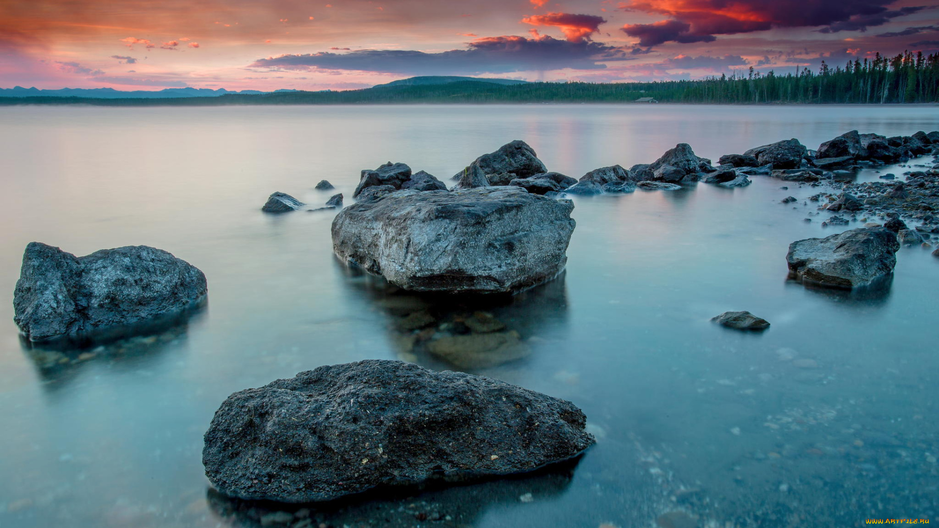 природа, побережье, лес, закат, озеро, йеллоустонский, национальный, парк, камни, йеллоустоун
