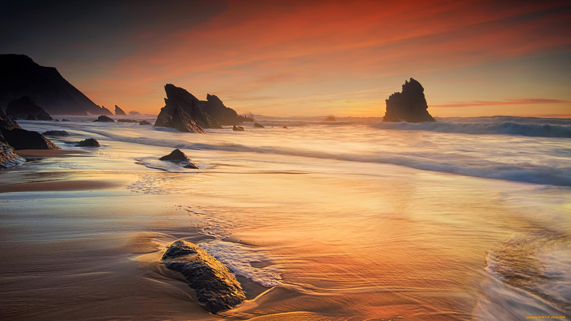 природа, побережье, волны, песок, скалы, пляж, океан, пейзаж