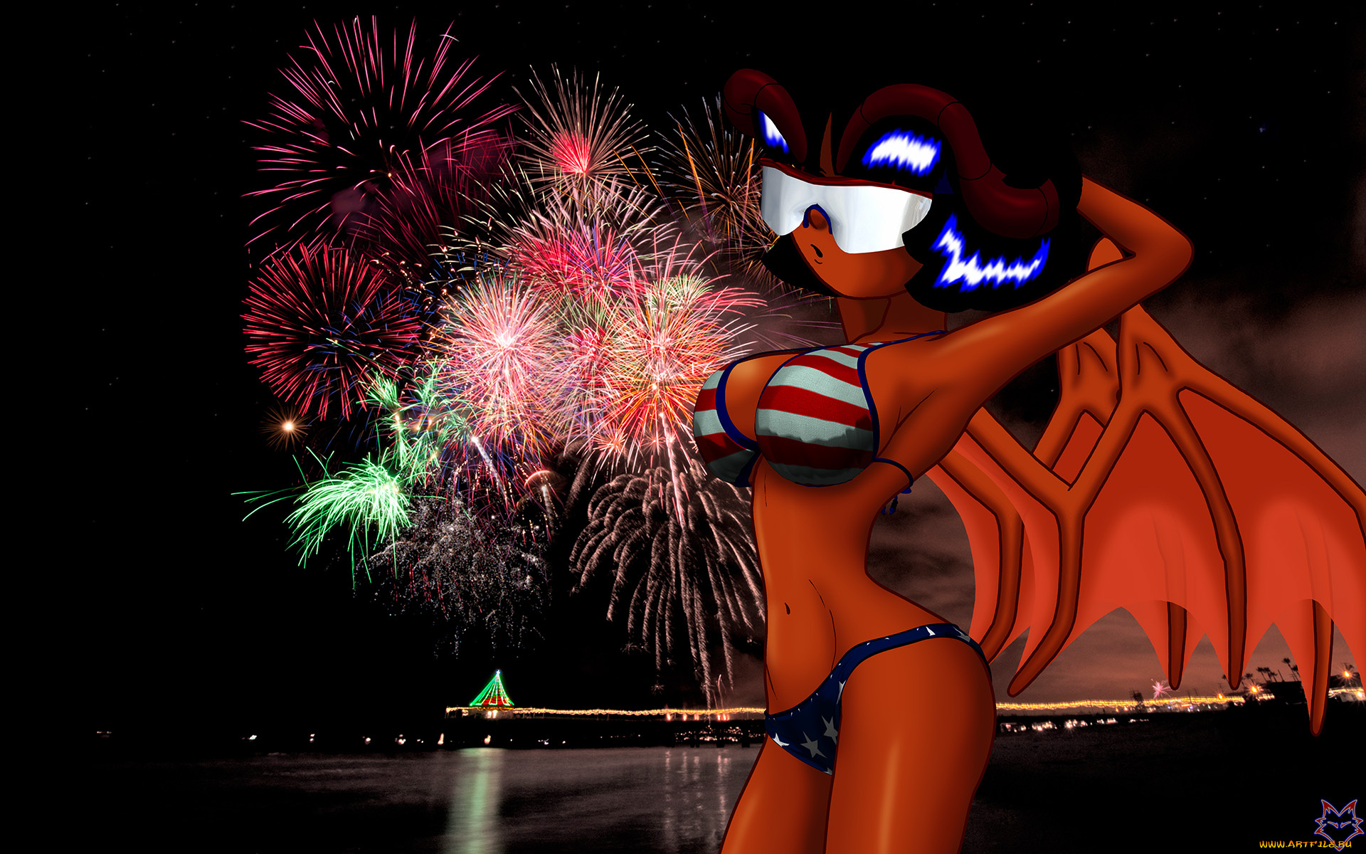 рисованное, -, другое, взгляд, девушка, kally, фон, демон